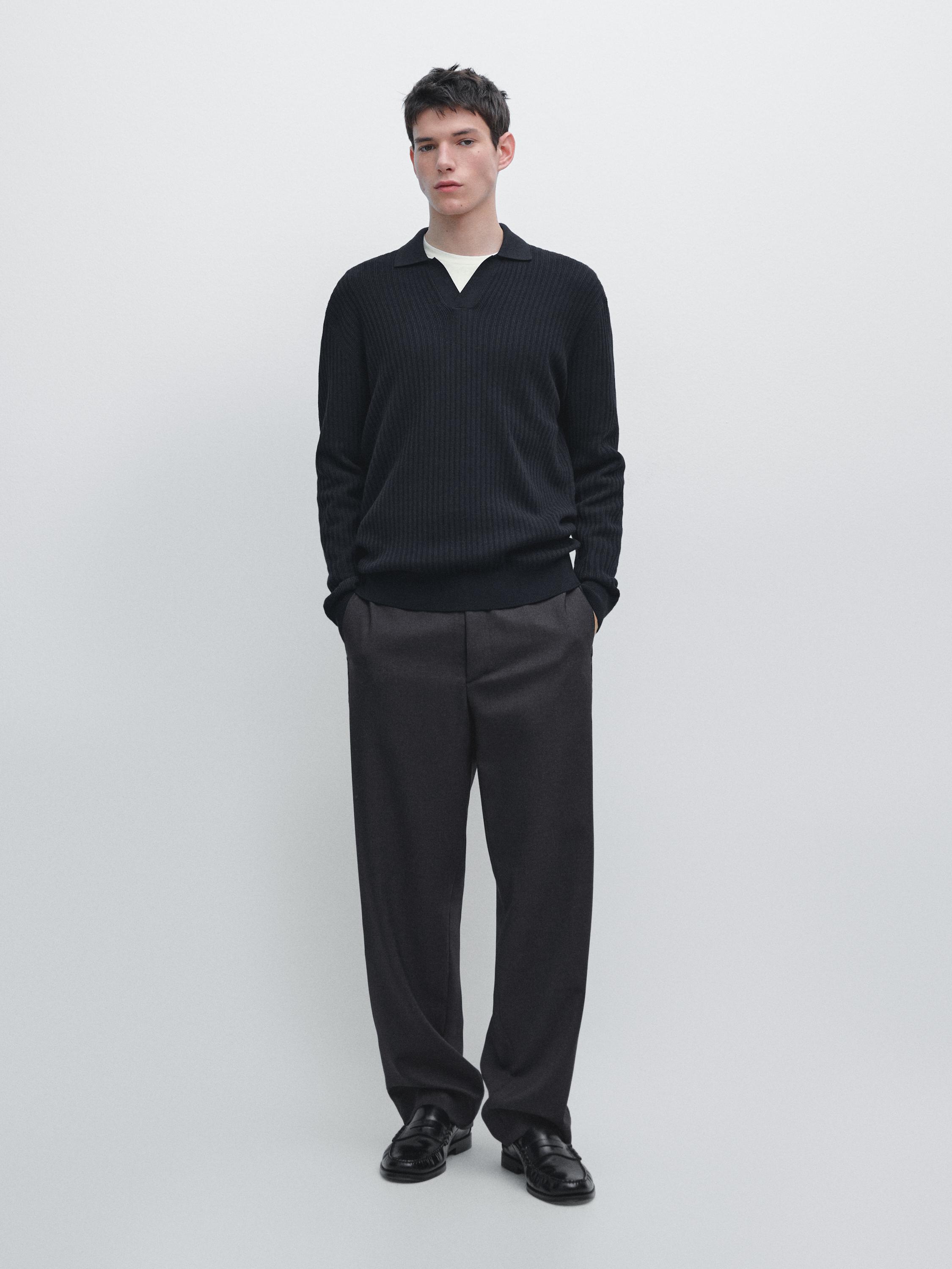 Cotton blend knit polo sweater